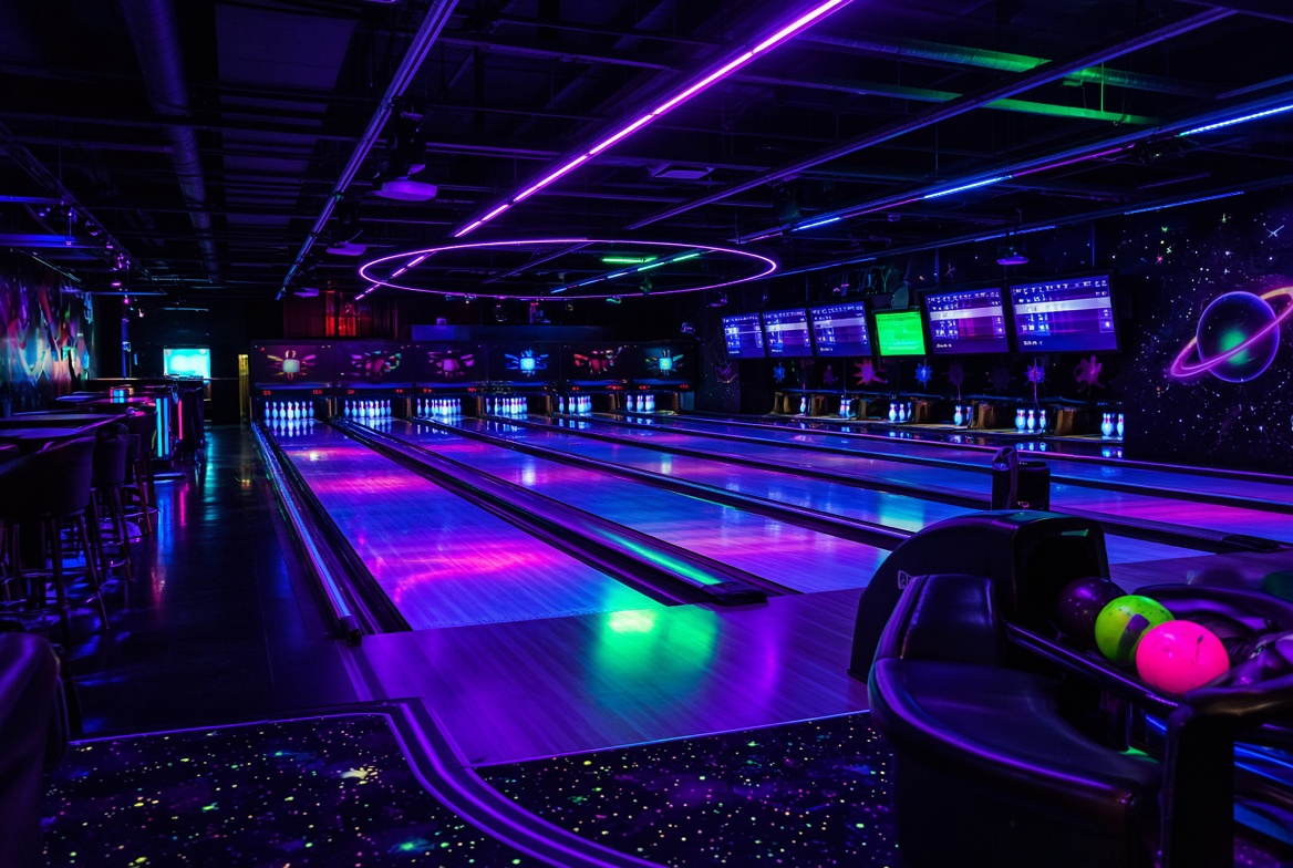 Cosmic neon bowling under colorful lights