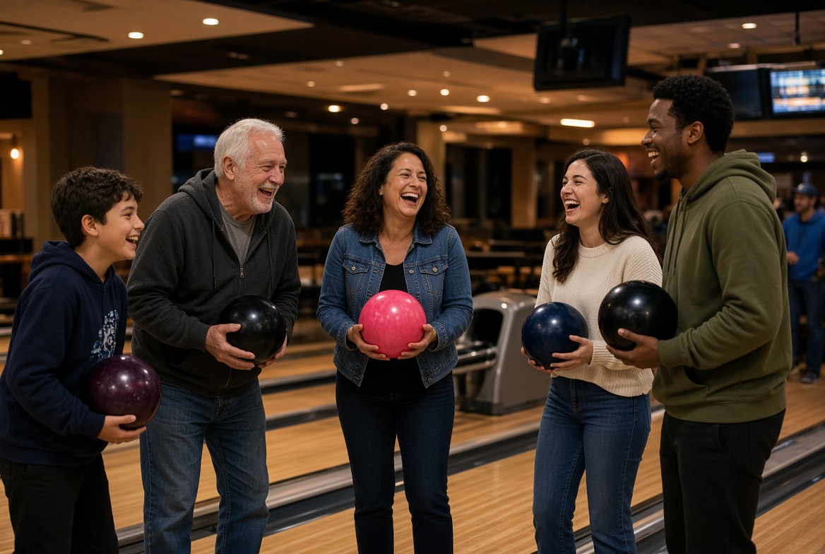 Family and friends bowling together